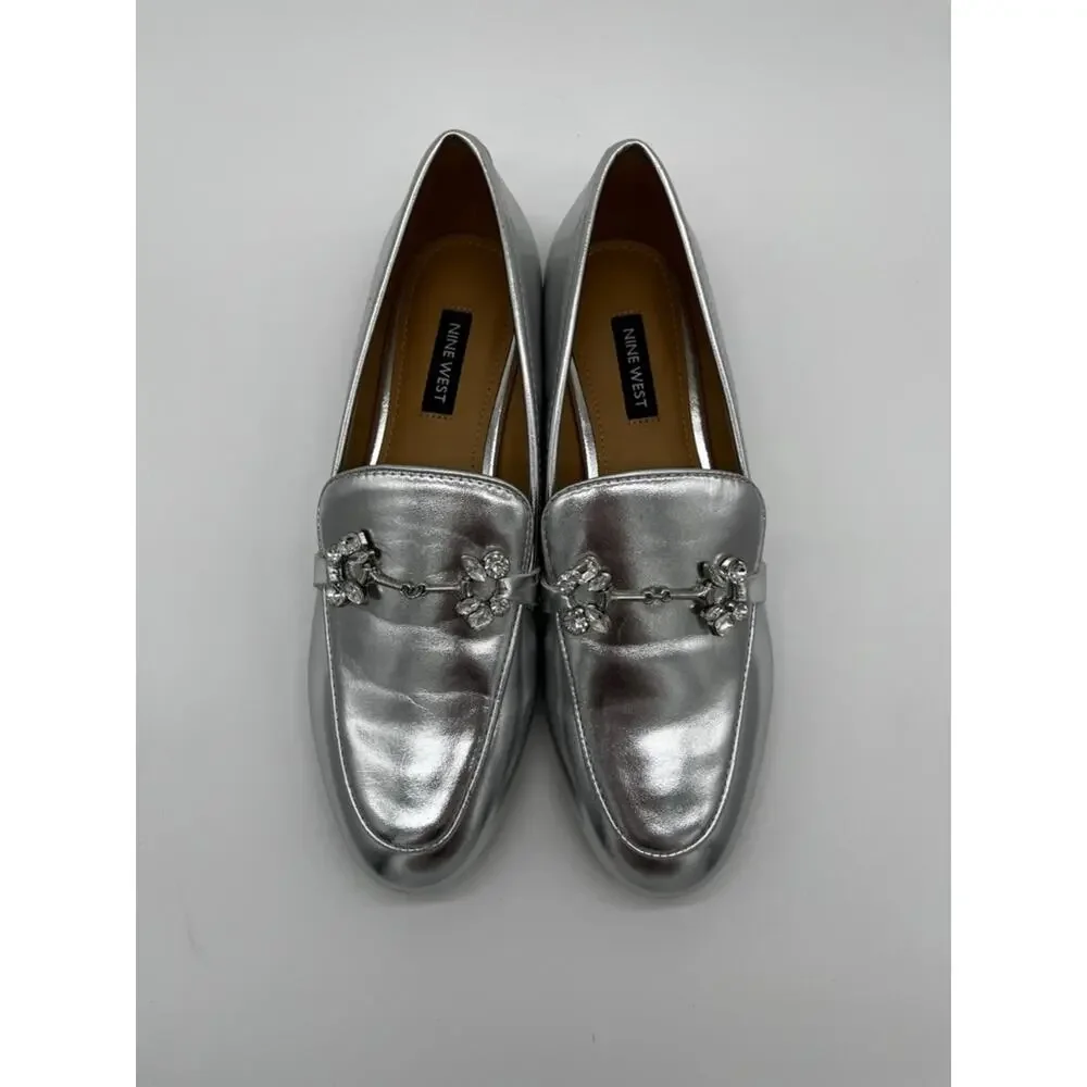 Nine West Bennit Bit Chain Loafers Metallic Silver - Size 6M